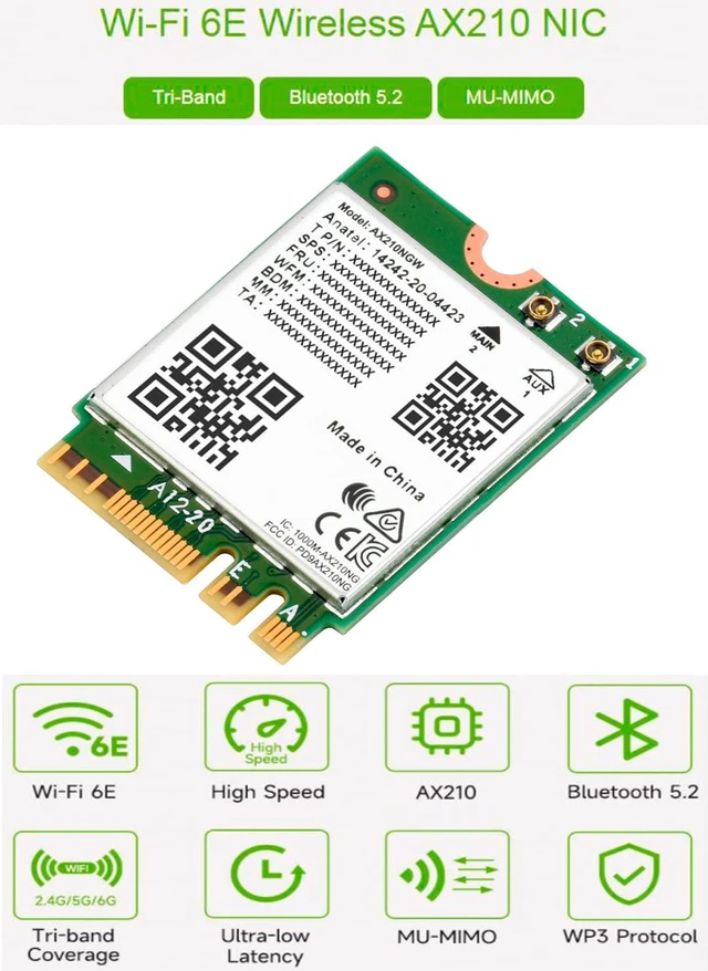 Alt view image 2 of 7 - Wireless AX210 NIC, Gigabit Tri-Band Wi-Fi 6E, 802.11AX, Bluetooth 5.2