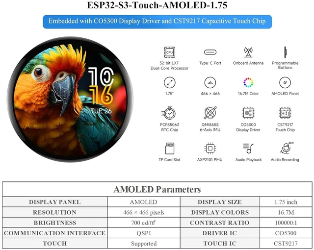 Alt view image 3 of 7 - ESP32-S3 1.75inch AMOLED Round Touch Display Development Board, 466×466, QSPI In