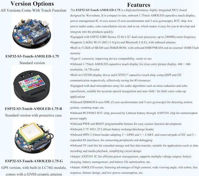 Alt view image 3 of 7 - ESP32-S3 1.75inch AMOLED Round Touch Display Development Board, 466×466 Pixels,