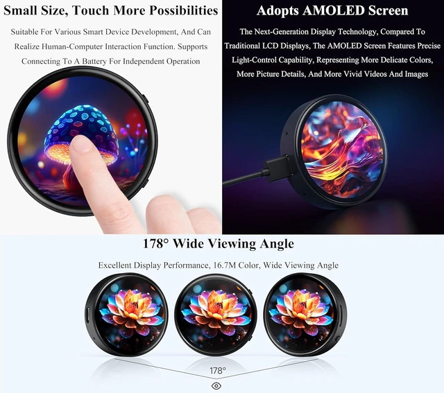 Alt view image 4 of 7 - ESP32-S3 1.75inch AMOLED Round Touch Display Development Board, 466×466 Pixels,