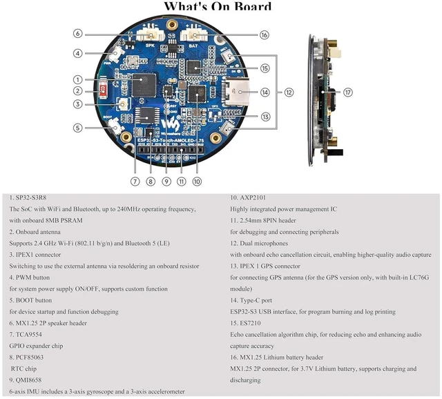 Alt view image 6 of 7 - ESP32-S3 1.75inch AMOLED Round Touch Display Development Board, 466×466 Pixels,