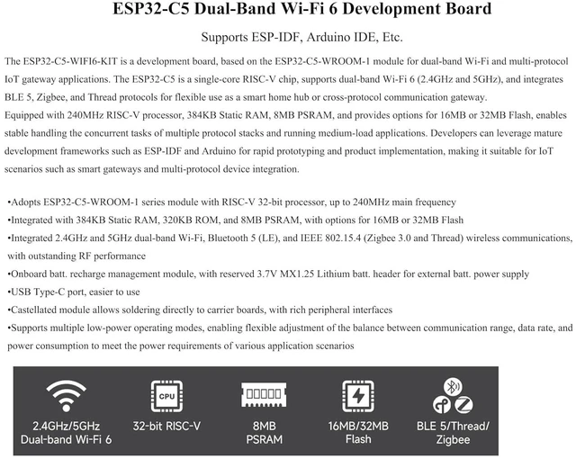 Alt view image 2 of 7 - ESP32-C5 Wi-Fi 6 Development Board, ESP32-C5-WROOM-1 Module, 32MB Flash+8MB PSRA