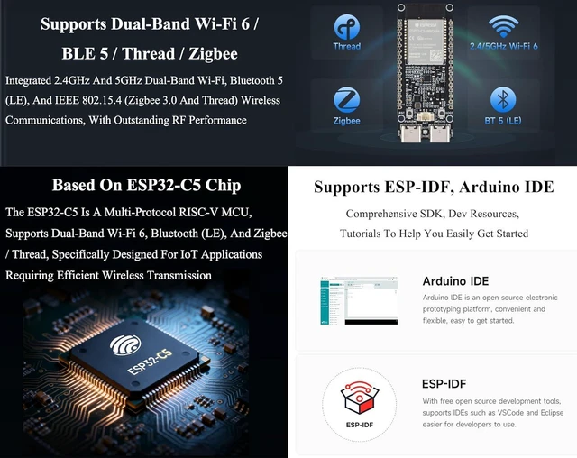 Alt view image 4 of 7 - ESP32-C5 Wi-Fi 6 Development Board, ESP32-C5-WROOM-1 Module, 32MB Flash+8MB PSRA