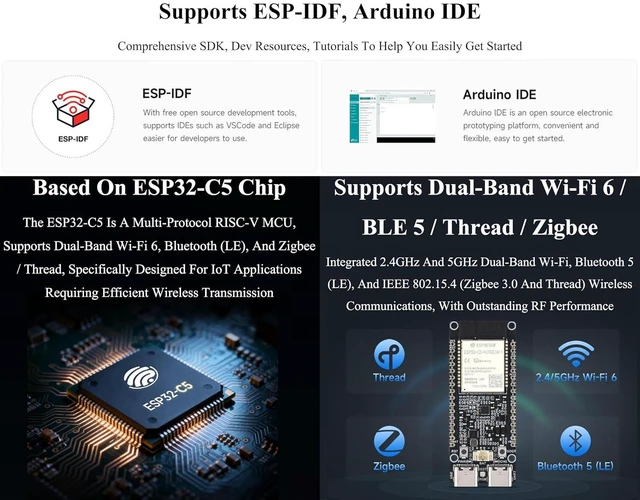Alt view image 5 of 7 - ESP32-C5 5GHz/2.4GHz Dual-Band Wi-Fi 6 Development Board, 240MHz RISC-V Processo