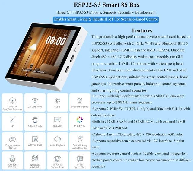 Alt view image 2 of 7 - AI ESP32-S3 Smart 86 Box Development Board, 4inch 480 x 480 Touch Display