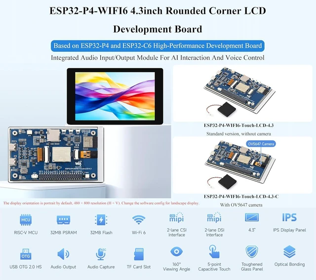 Alt view image 2 of 7 - ESP32-P4 4.3inch Touch LCD Development Board, Based on ESP32-P4 and ESP32-C6, On
