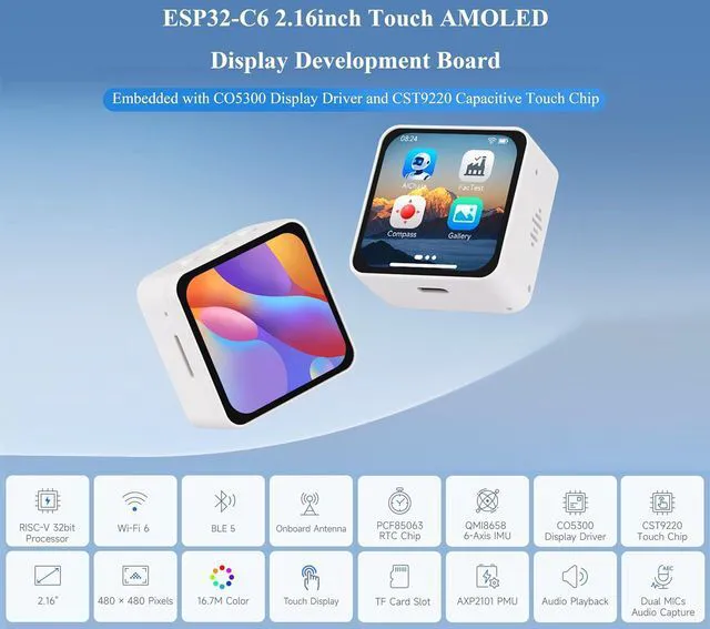 Alt view image 2 of 7 - ESP32-C6 2.16inch AMOLED Display Touch Screen Development Board, 480 × 480