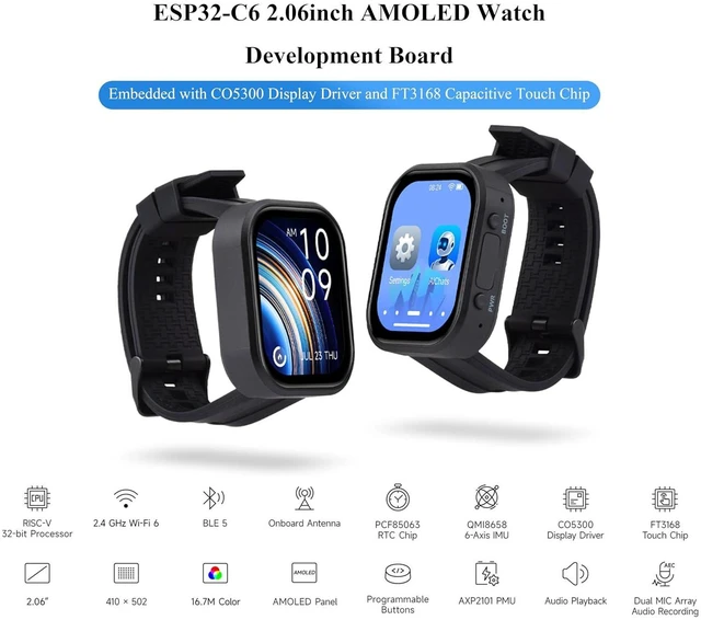 Alt view image 2 of 7 - ESP32-C6 2.06inch AMOLED Touch Watch Development Board, 410×502 Pixels, RISC-V 3