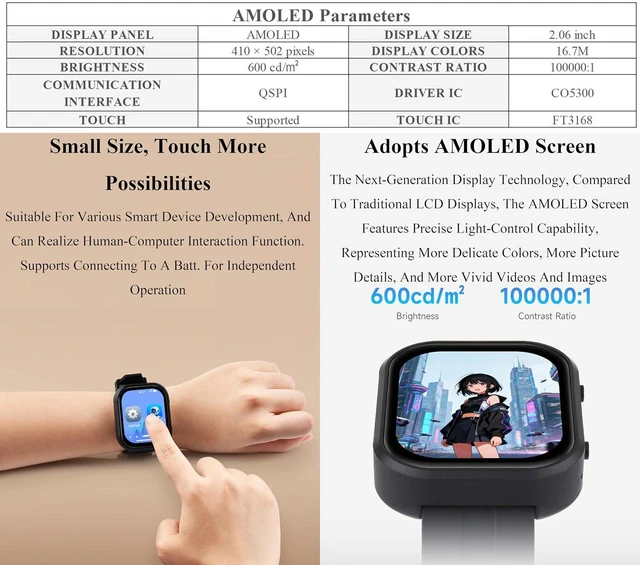 Alt view image 3 of 7 - ESP32-C6 2.06inch AMOLED Touch Watch Development Board, 410×502 Pixels, RISC-V 3