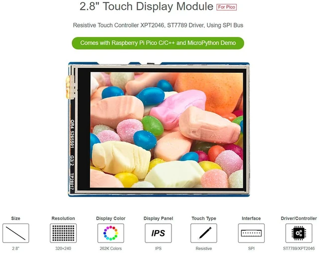 Alt view image 2 of 7 - 2.8inch Touch Display Module for Raspberry Pi Pico, 320×240 Pixels IPS LCD, Resi