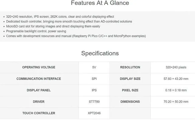 Alt view image 3 of 7 - 2.8inch Touch Display Module for Raspberry Pi Pico, 320×240 Pixels IPS LCD, Resi