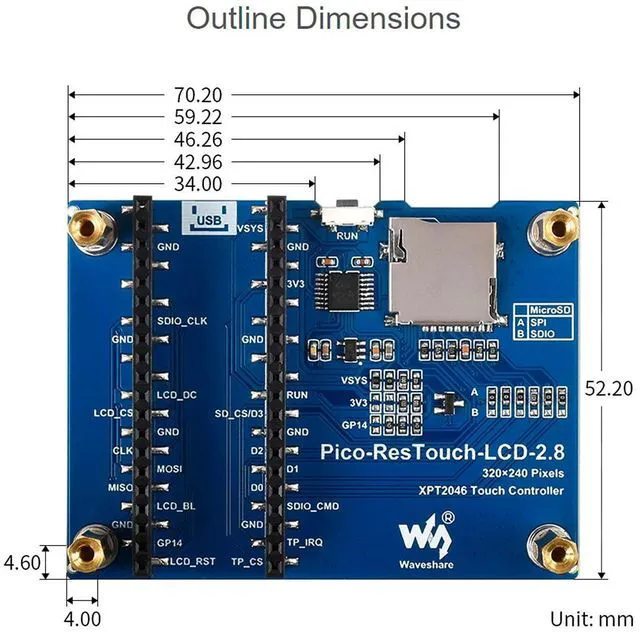 Alt view image 7 of 7 - 2.8inch Touch Display Module for Raspberry Pi Pico, 320×240 Pixels IPS LCD, Resi