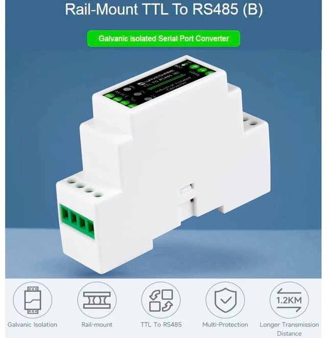 Alt view image 2 of 7 - Galvanic Isolated Rail-Mount TTL to RS485 Converter Adapter, 600W Lightningproof