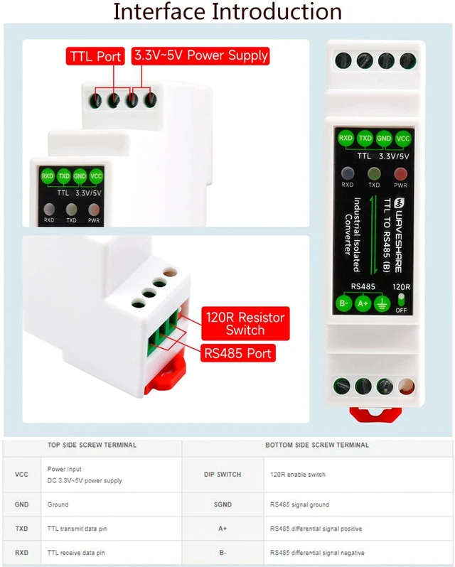 Alt view image 5 of 7 - Galvanic Isolated Rail-Mount TTL to RS485 Converter Adapter, 600W Lightningproof