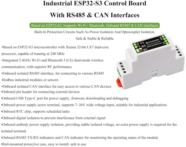 Alt view image 3 of 7 - Industrial ESP32-S3 Control Board with RS485 and CAN Communication Interfaces, S