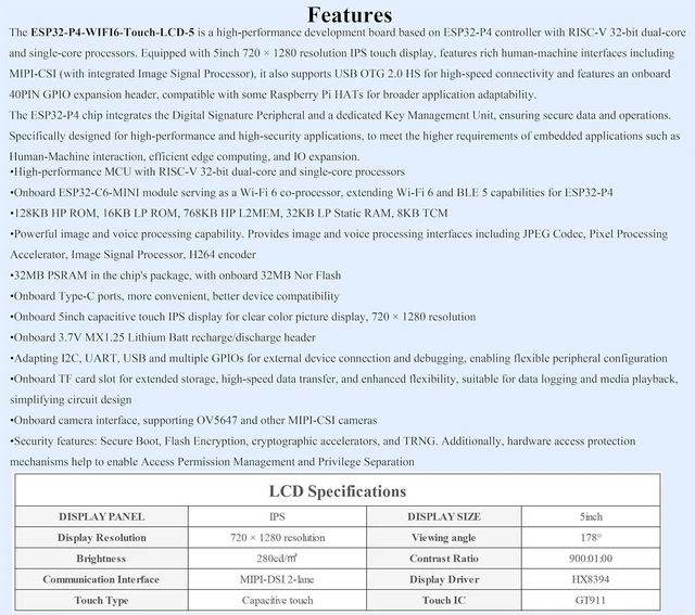 Alt view image 3 of 7 - ESP32-P4 5inch Touch LCD Dev Board, ESP32-P4 and ESP32-C6, 720 x 1280 Pixel