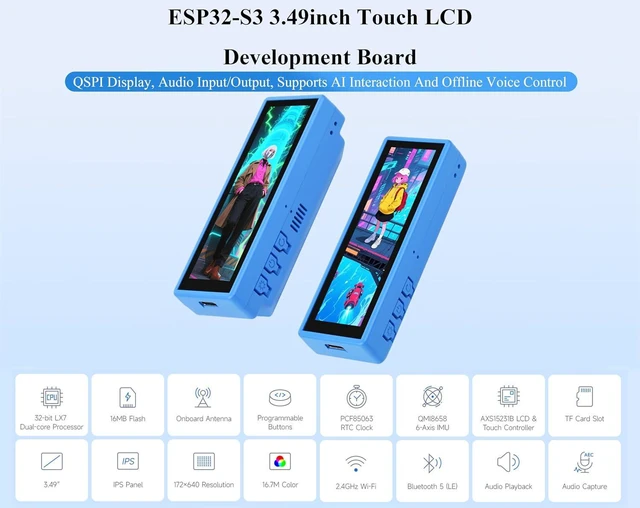 Alt view image 3 of 7 - ESP32-S3 Development Board with 3.49inch IPS Touch Display, 172 x 640 Resolution