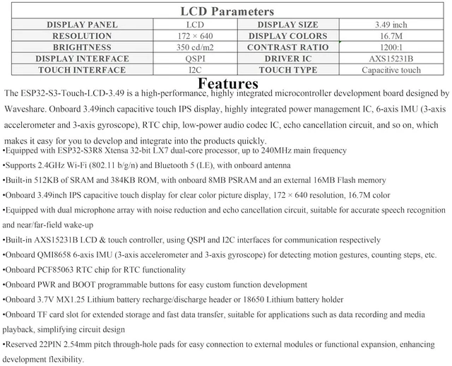 Alt view image 4 of 7 - ESP32-S3 Development Board with 3.49inch IPS Touch Display, 172 x 640 Resolution