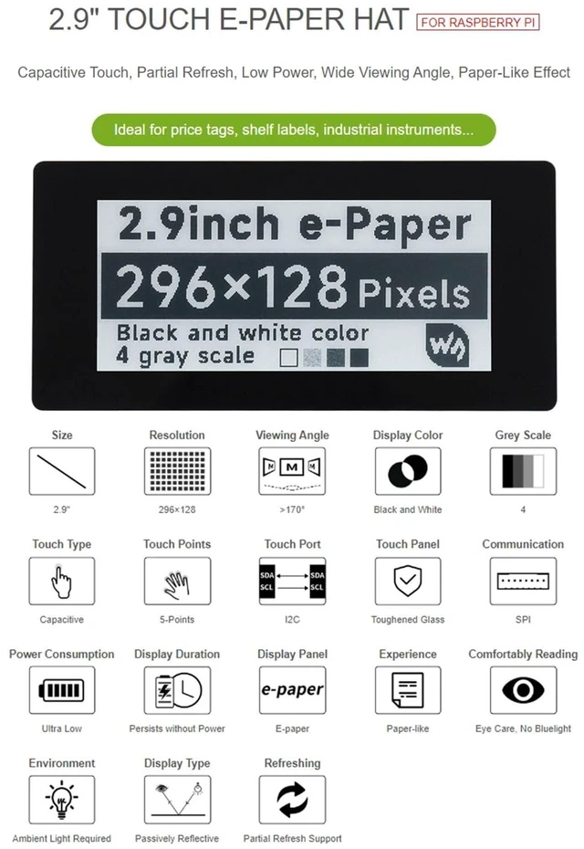 Alt view image 2 of 7 - 2.9inch Touch e-Paper Display HAT for Raspberry Pi 4B/3B+/3B/2B/Zero/Zero W/WH/