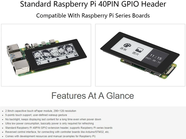 Alt view image 3 of 7 - 2.9inch Touch e-Paper Display HAT for Raspberry Pi 4B/3B+/3B/2B/Zero/Zero W/WH/