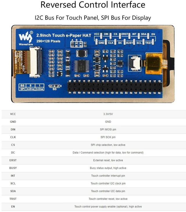 Alt view image 5 of 7 - 2.9inch Touch e-Paper Display HAT for Raspberry Pi 4B/3B+/3B/2B/Zero/Zero W/WH/