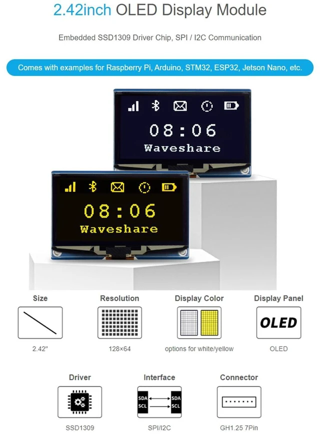Alt view image 2 of 7 - 2.42inch OLED Display Module 128×64 Resolution, White Display Color Embedded SSD