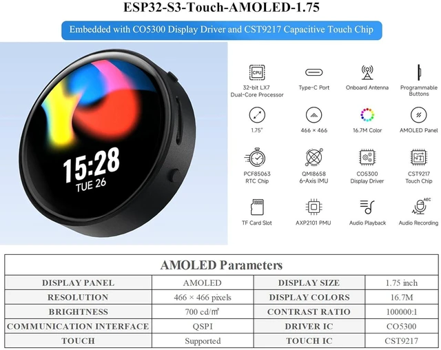 Alt view image 2 of 7 - ESP32-S3 1.75inch AMOLED Round Touch Display Development Board, 466×466 Pixels,