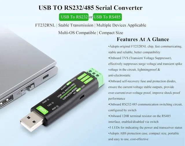 Alt view image 2 of 7 - USB to RS232/RS485 Serial Converter Adapter, Onboard Original FT232RNL Chip Stab