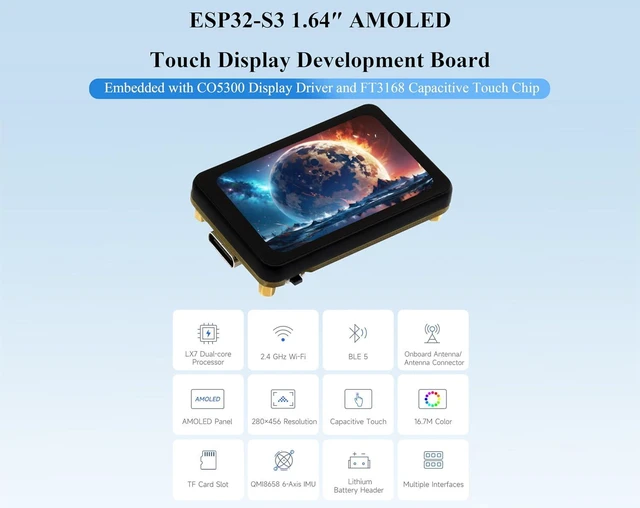 Alt view image 2 of 7 - ESP32-S3 1.64inch AMOLED Touch Display Development Board, 280x456, QSPI Interfac