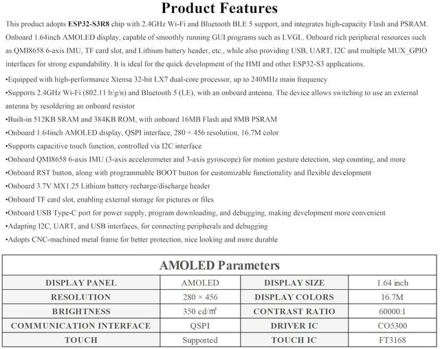 Alt view image 4 of 7 - ESP32-S3 1.64inch AMOLED Touch Display Development Board, 280x456, QSPI Interfac