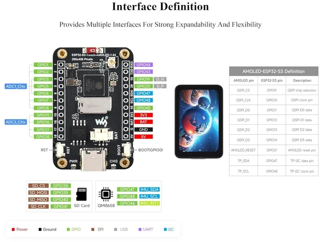 Alt view image 6 of 7 - ESP32-S3 1.64inch AMOLED Touch Display Development Board, 280x456, QSPI Interfac