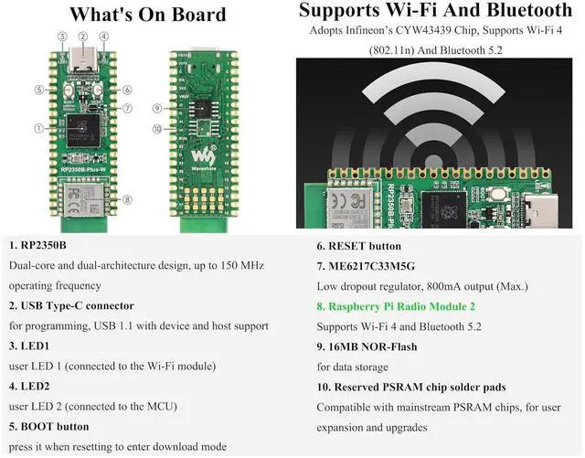 Alt view image 3 of 7 - RP2350B-Plus-W Development Board, Use Official RP2350B Dual-Core & Dual-Architec