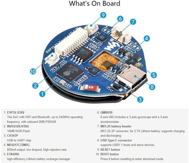 Alt view image 4 of 7 - ESP32-S3 Development Board with 1.28inch Round Touch LCD, Accelerometer and Gyro
