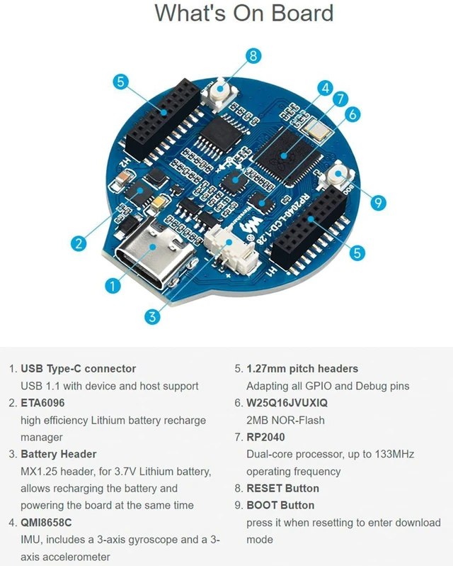 Alt view image 4 of 7 - Based on Raspberry Pi RP2040,RP2040 MCU Board with 1.28inch Round LCD 240x240 Pi