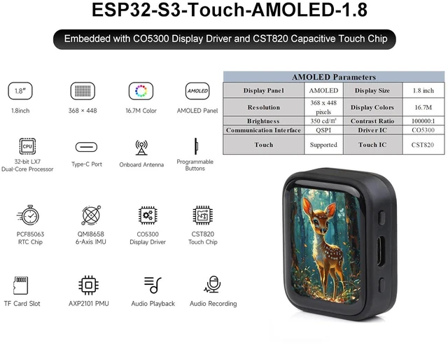 Alt view image 2 of 7 - ESP32-S3 1.8inch AMOLED Touch Screen Development Board, 368x448 Pixels, Dual-Cor
