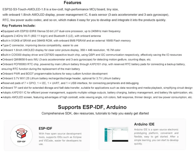 Alt view image 6 of 7 - ESP32-S3 1.8inch AMOLED Touch Screen Development Board, 368x448 Pixels, Dual-Cor