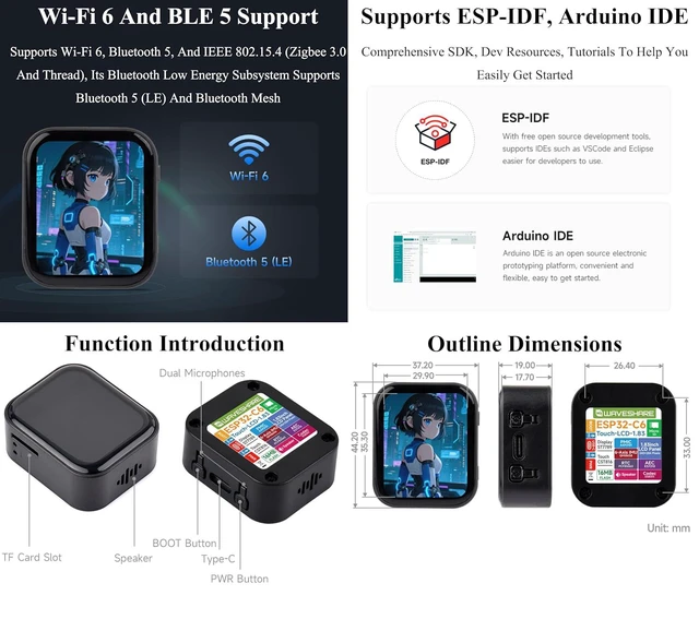 Alt view image 7 of 7 - ESP32-C6 1.83inch Touch Display Development Board, 240 × 284, Onboard Audio Code