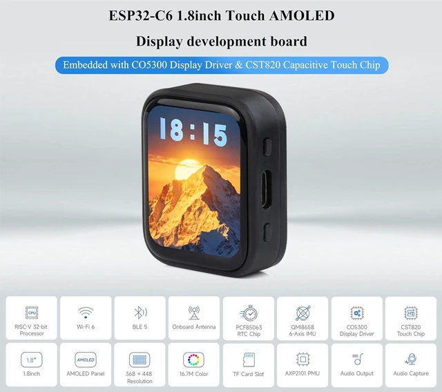 Alt view image 2 of 7 - ESP32-C6 1.8inch Touch AMOLED Display Development Board, 368 × 448 Resolution, S