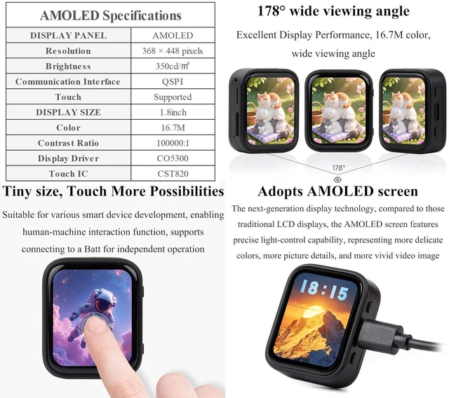 Alt view image 3 of 7 - ESP32-C6 1.8inch Touch AMOLED Display Development Board, 368 × 448 Resolution, S