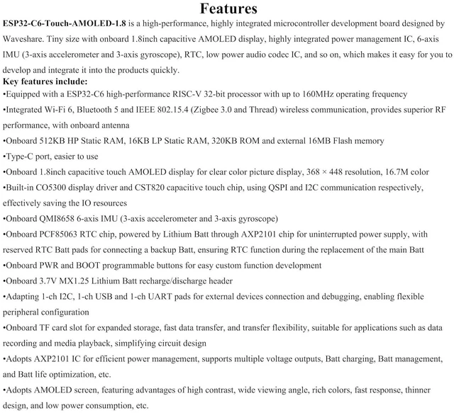 Alt view image 7 of 7 - ESP32-C6 1.8inch Touch AMOLED Display Development Board, 368 × 448 Resolution, S