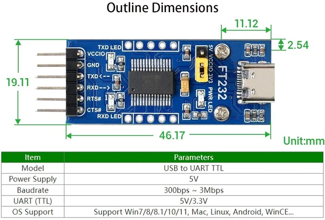 Alt view image 6 of 7 - FT232 USB UART Board (Type C), USB to TTL Serial Converter Adapter Module Onboar