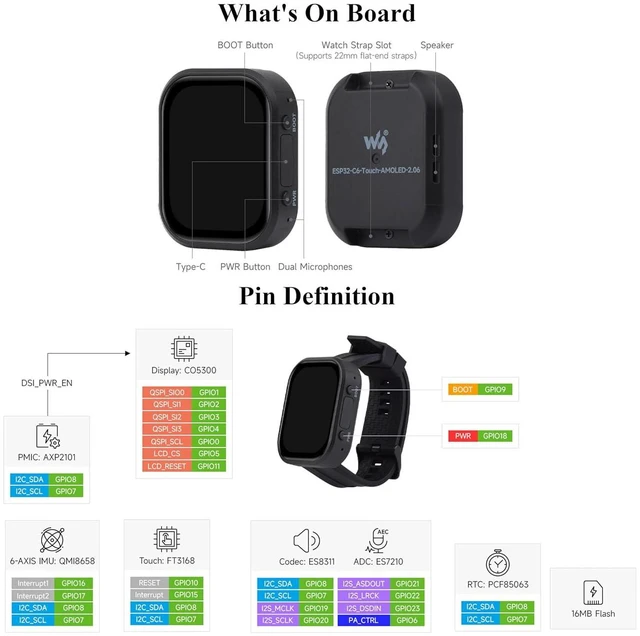 Alt view image 6 of 7 - ESP32-C6 2.06inch AMOLED Touch Watch Development Board, 410×502 Pixels, RISC-V 3