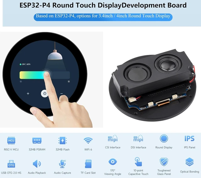 Alt view image 3 of 7 - ESP32-P4 3.4inch WIFI6 Round Touch Display Development Board, 800 x 800, Toughen