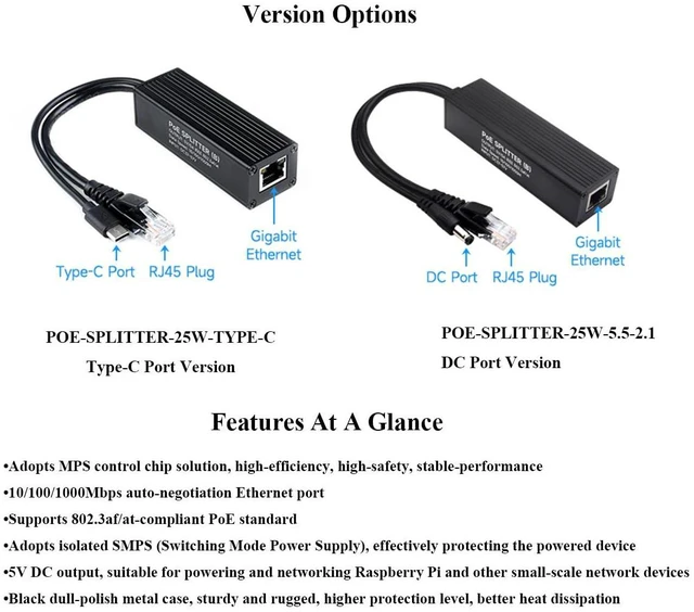 Alt view image 3 of 7 - Industrial Gigabit PoE Splitter 5V 5A 25W Output, 1000Mbps, USB Type-C Port