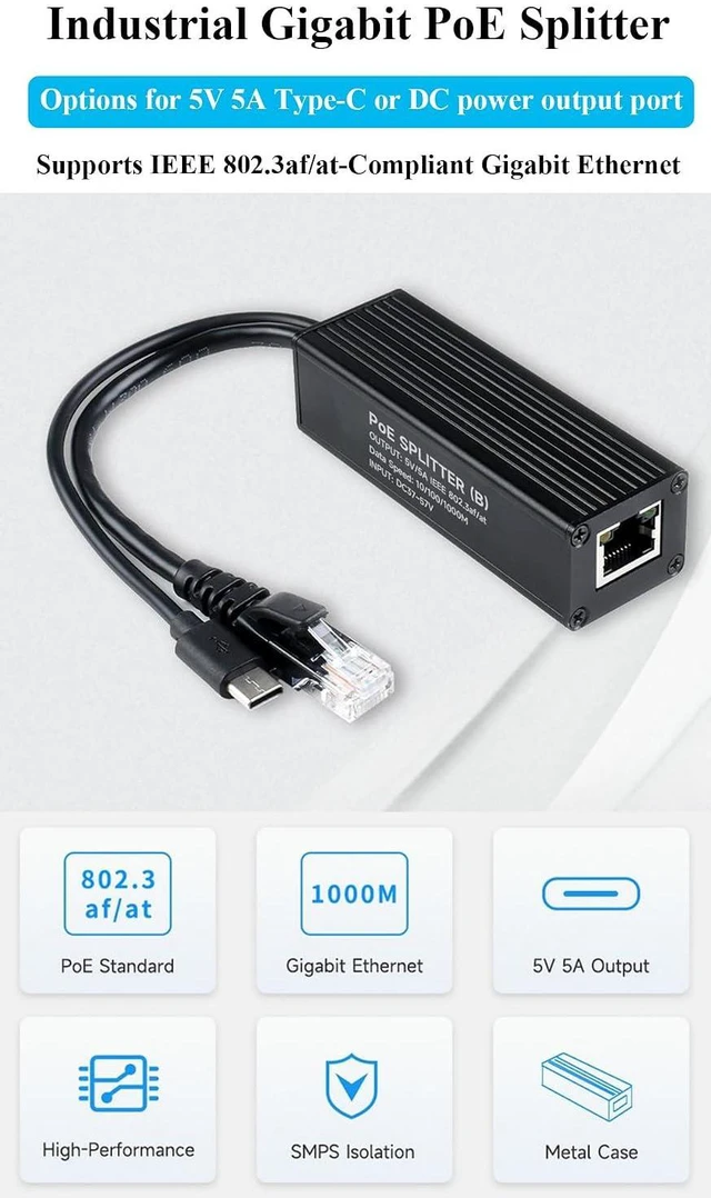 Alt view image 2 of 7 - Industrial Gigabit PoE Splitter 5V 5A 25W Output, 1000Mbps, USB Type-C Port