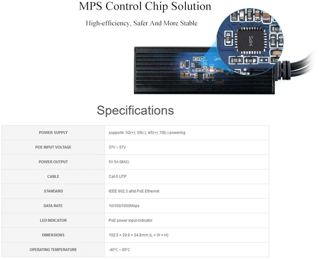 Alt view image 4 of 7 - Industrial Gigabit PoE Splitter 5V 5A 25W Output, 1000Mbps, USB Type-C Port