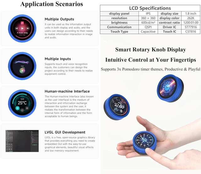 Alt view image 4 of 7 - ESP32-S3 1.8inch Knob Touch Display Dev Board, Supports Smartphone Bluetooth Con