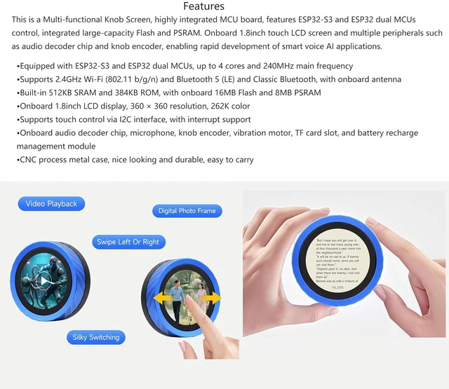 Alt view image 3 of 7 - ESP32-S3 1.8inch Knob Touch Display Dev Board, Supports Smartphone Bluetooth Con