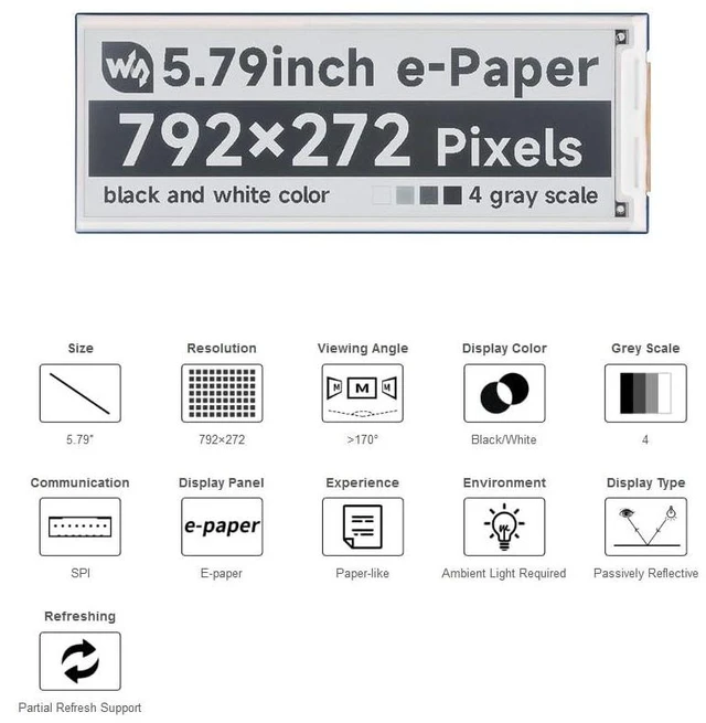 Alt view image 2 of 7 - 5.79inch e-Paper Display Module with Driver Board E-Ink Display 792x272 Pixel Bl