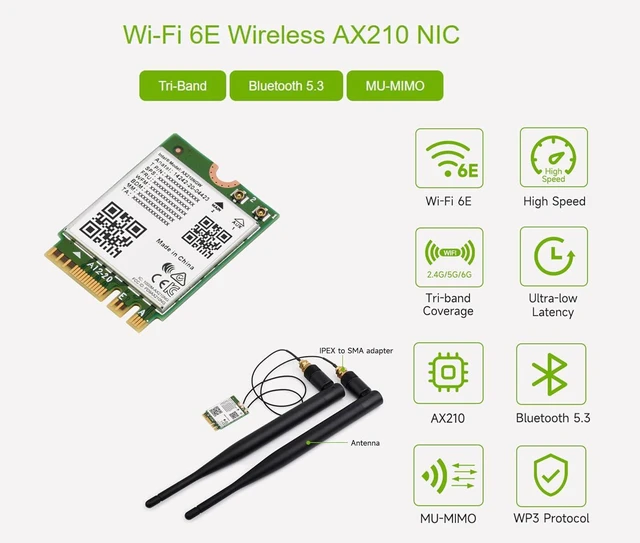 Alt view image 2 of 7 - Wi-Fi 6E Wireless AX210 NIC, Gigabit Tri-Band 2.4G/5G/6GHz Wi-Fi 6E, 802.11AX St